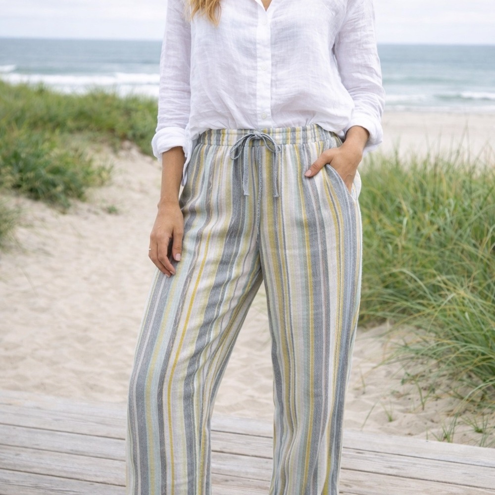 Conscious Origins Hemp Tencel Striped Pants Womens Medium Blue Yellow Fair Trade
